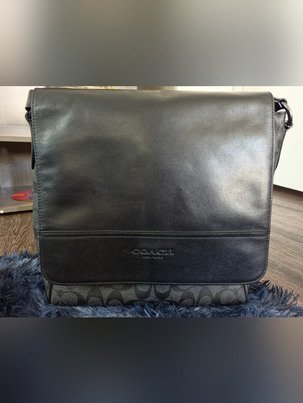 Coach Black Leather Messenger Bag with Signature Canvas Trim